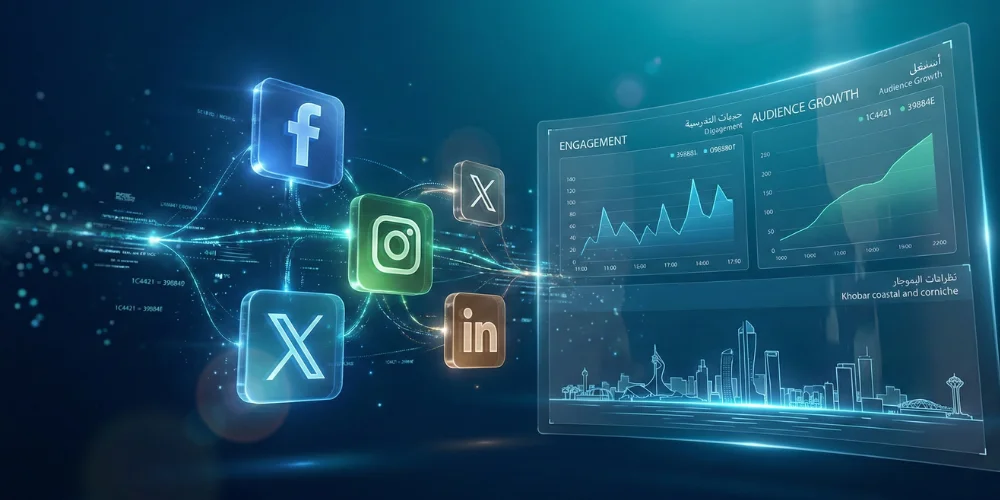 Abstract social media marketing analytics and digital growth concept in Khobar