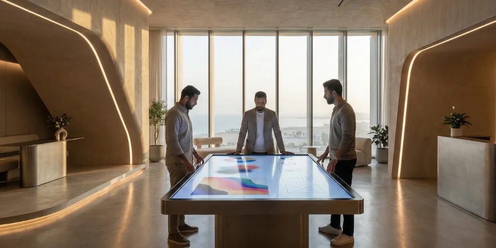 branding consultants in Jeddah analyzing brand strategy visuals inside a modern creative studio
