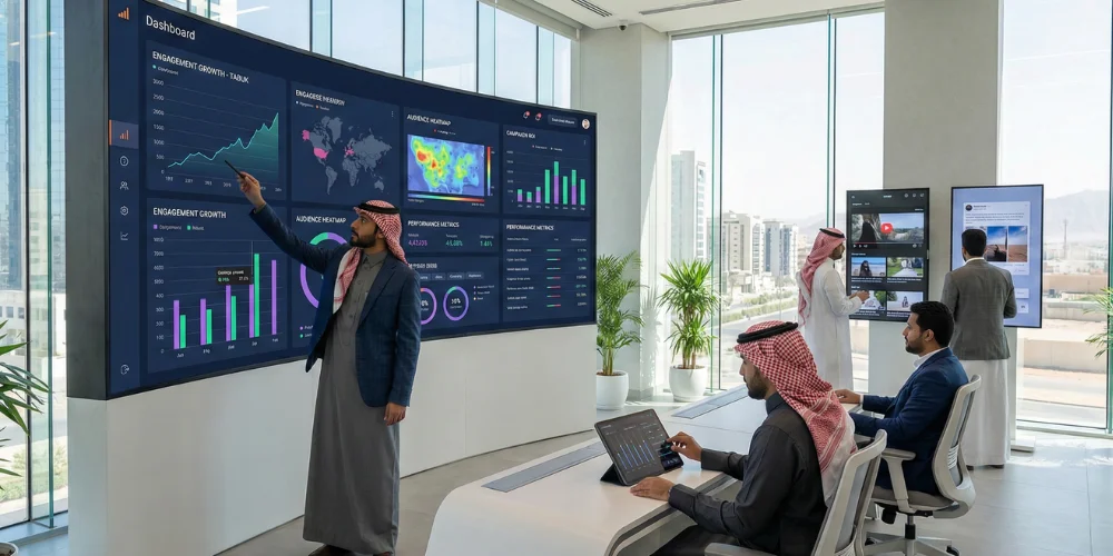Digital marketing team in Tabuk analyzing social media growth data and campaign performance dashboards