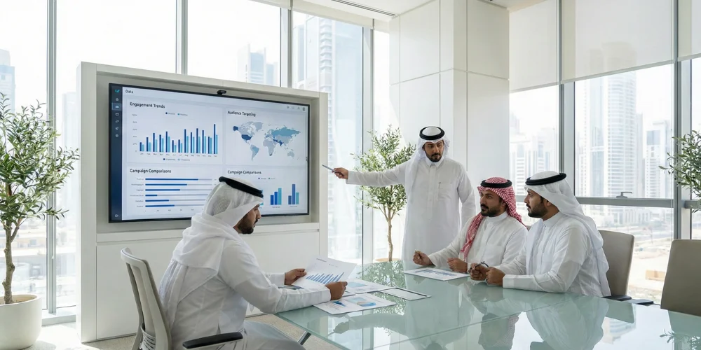 Business professionals in Tabuk reviewing social media marketing strategy reports before selecting an agency