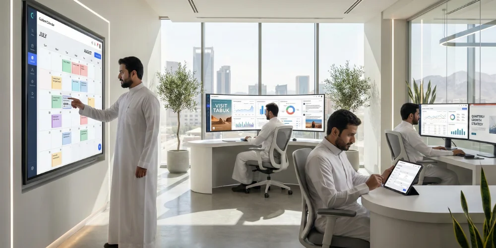 Professional marketing team in Tabuk managing social media campaigns and analyzing performance metrics