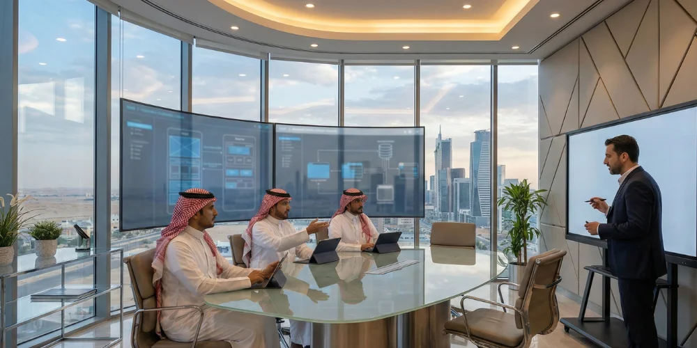 Business executives evaluating web application development proposals in Tabuk