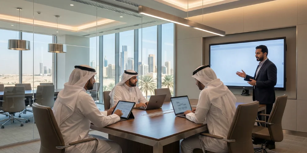 Business team discussing web application strategy in Tabuk office