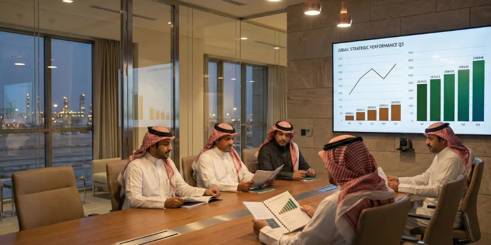 Business leaders selecting digital marketing analytics provider in Jubail boardroom