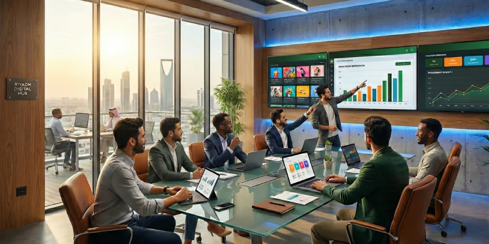 Riyadh marketing team analyzing social media campaign performance and engagement metrics