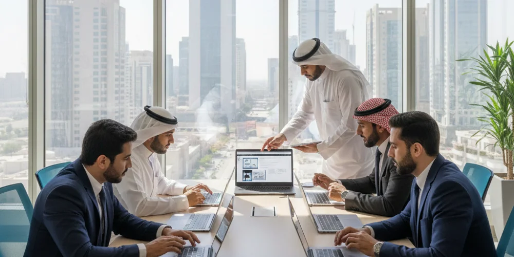 Business team discussing website development strategy in Riyadh office